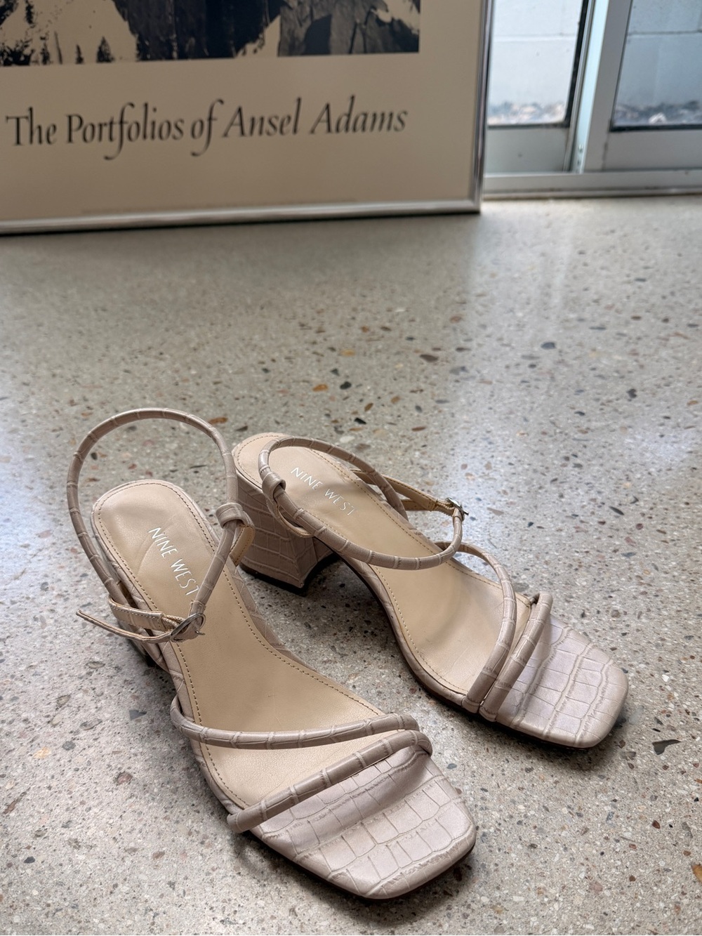 Nine West Women's Beige Croc-Texture Strappy Block Heel Sandals